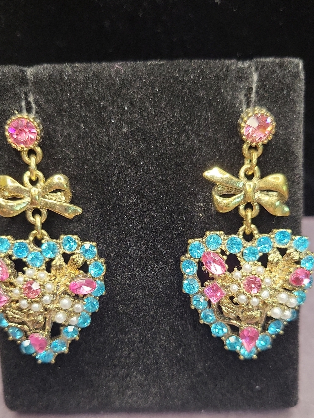 Betsey Johnson Gold-Tone Heart Drop Earrings with Pink & Turquoise Stones